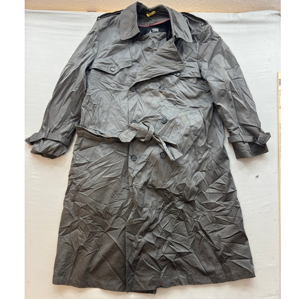 Towne by London Fog Mens Gray Double Breasted Trench Coat Belted Size 38 Reg